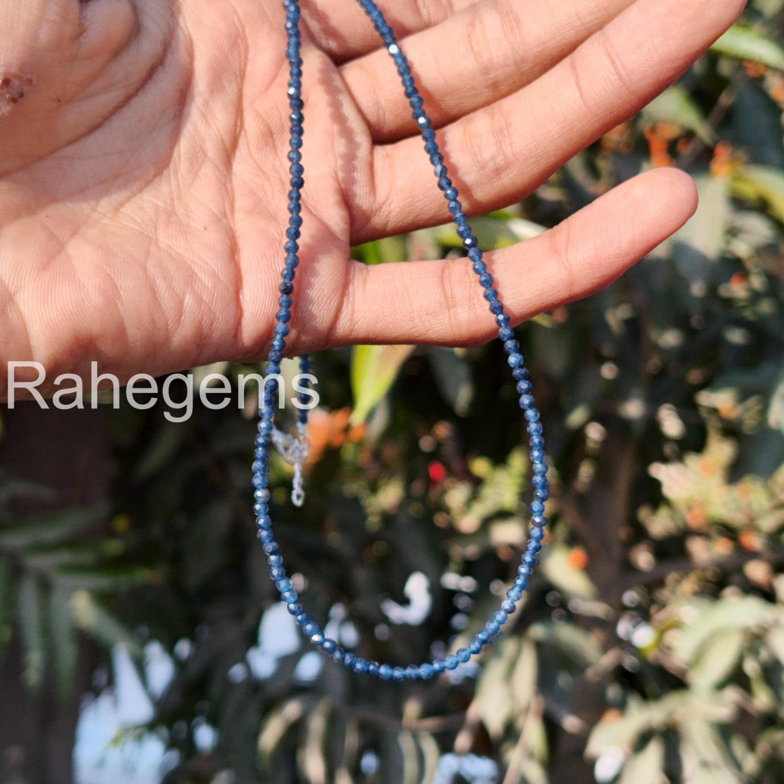 Blue Sapphire Necklace 2mm Micro Faceted Beads, Dainty Real Gemstone Choker, Min