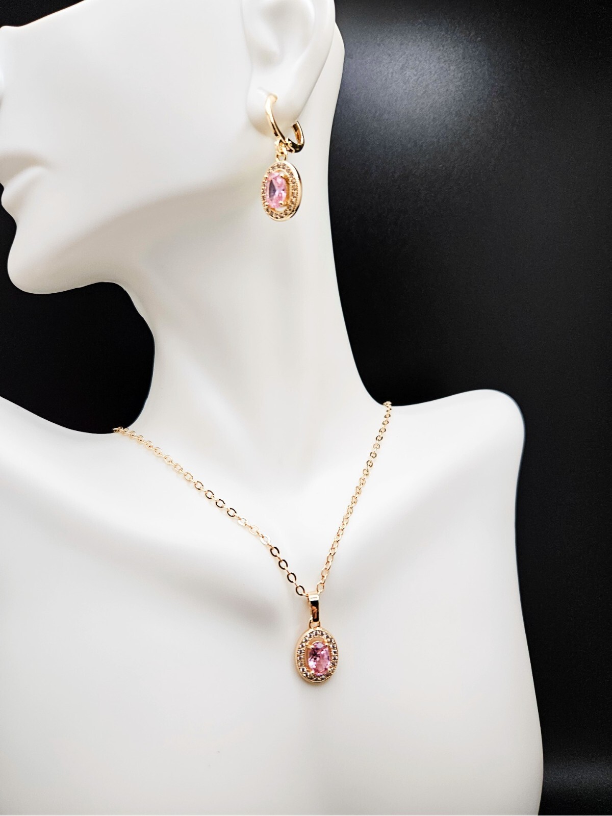 Necklace and Earring set 3 piece 18K Gold with Pink and White Cubic Zirconias