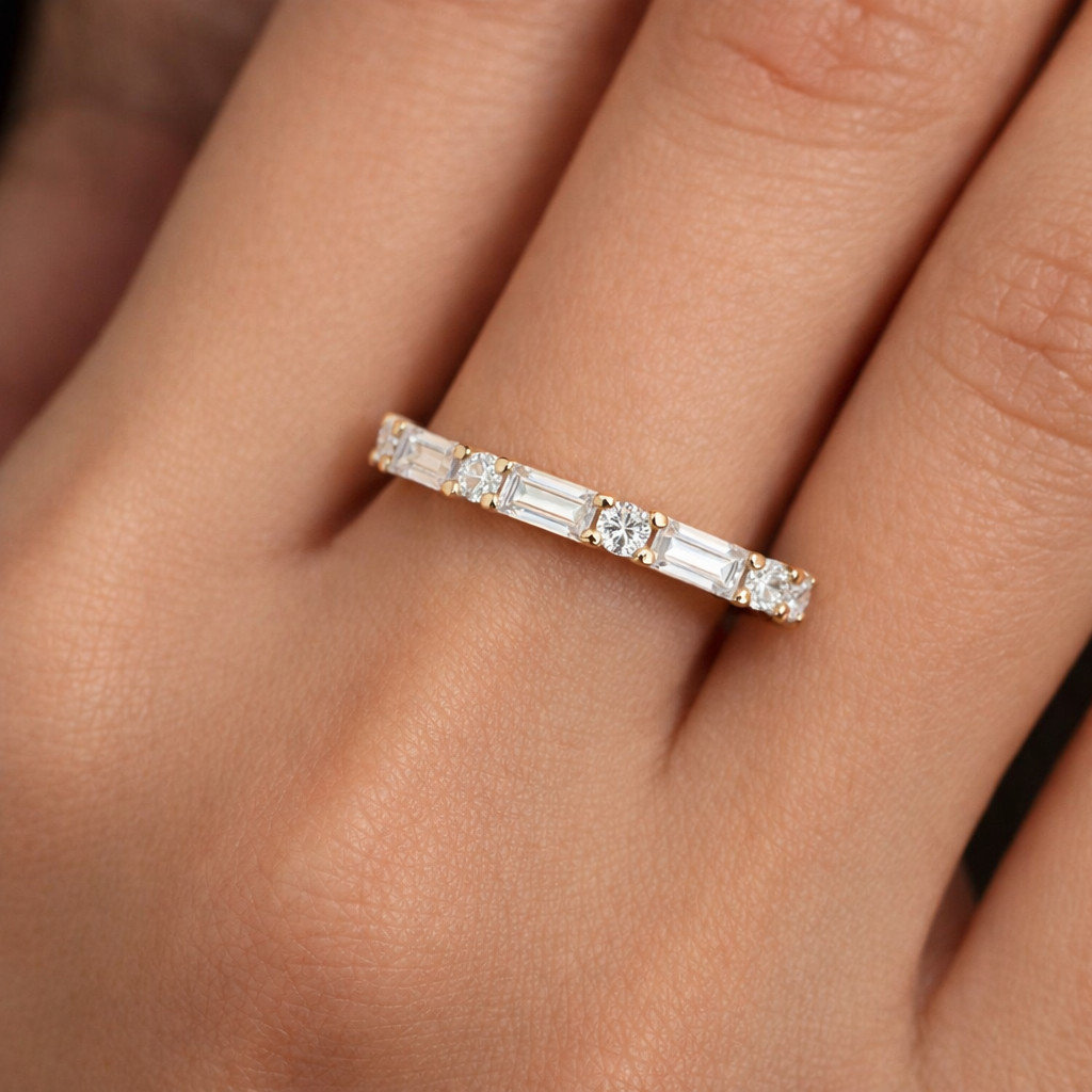 Round & Baguette Lab Grown Diamond Wedding Band, 925 Silver Matching Band