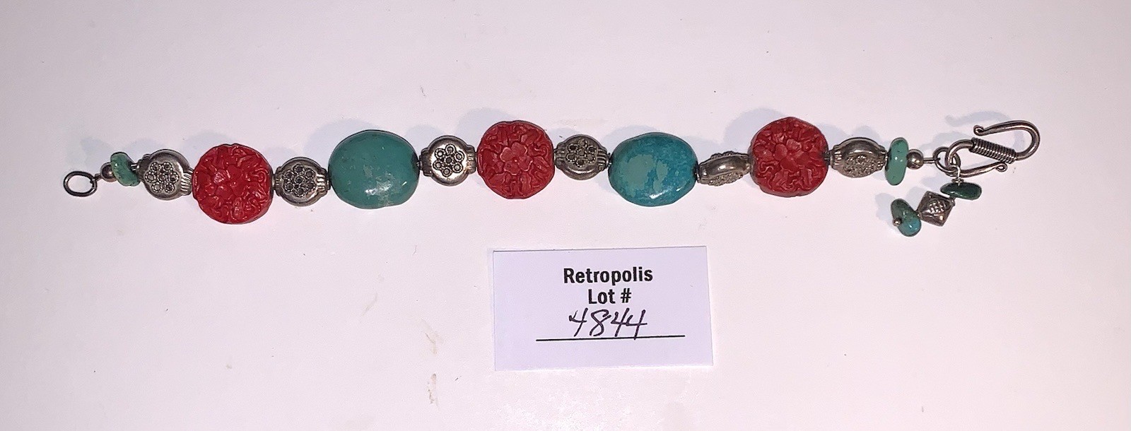 Turquoise & Carved Coral or Red Colored Bead Bracelet