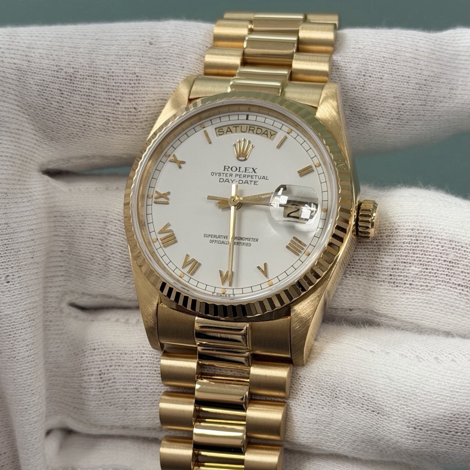 Rolex Day Date President 18038 36mm Quickset White Roman Dial 18k Yellow Gold
