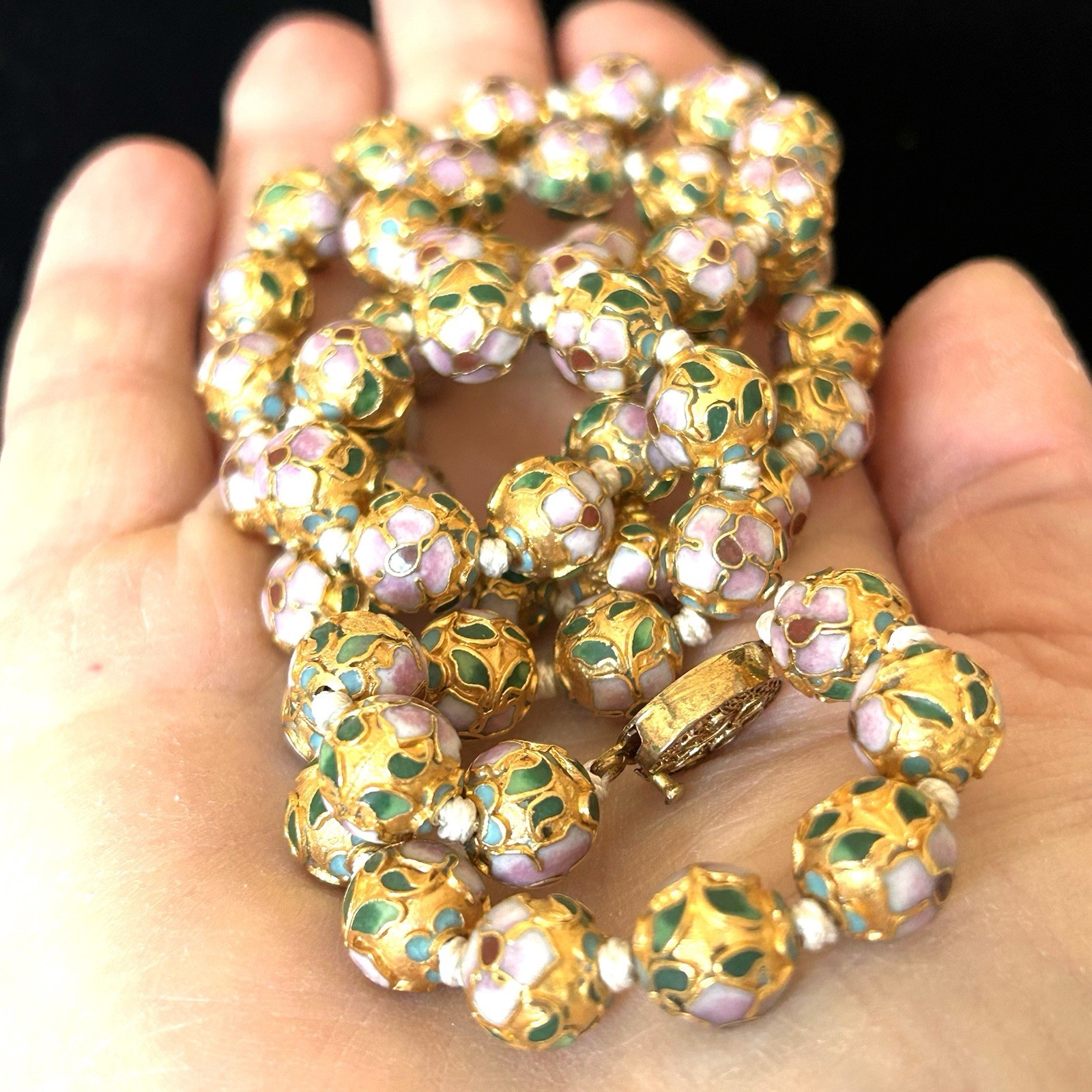 Vintage Chinese Export Cloisonne Enamel Bead Necklace Gold Tone Floral 26”