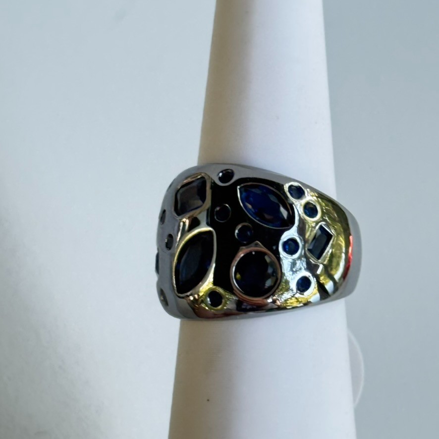 Bomb Party September Ring Size 5 LC Sapphire on Hematite “Woke Up Royal”