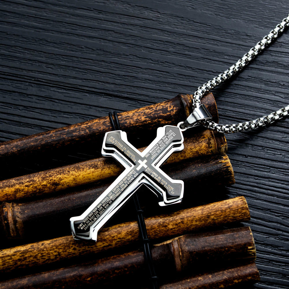 Mens Cross Necklace Silver Stainless Steel Lord’s Prayer Big Pendant Rolo Chain