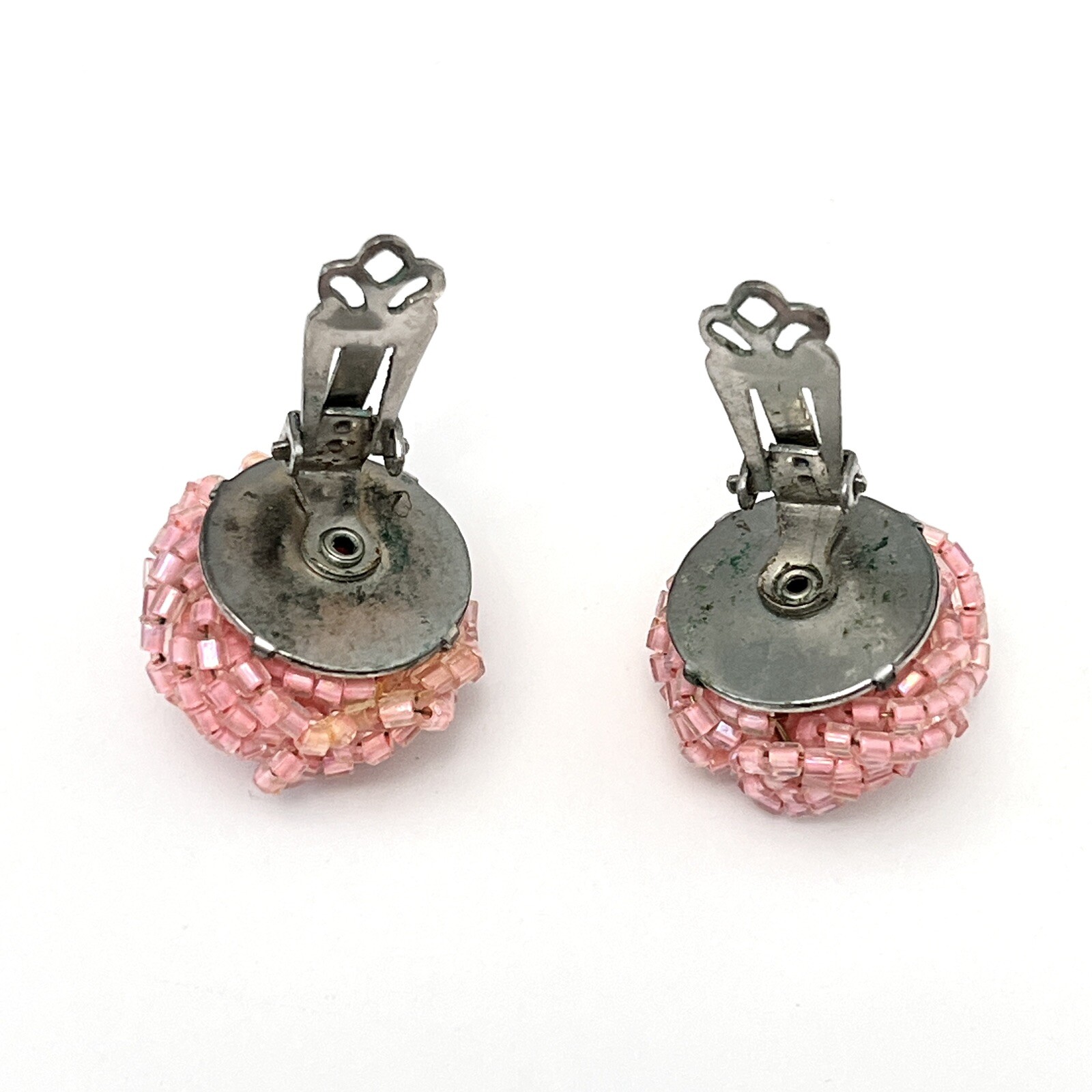 Vintage Pink Beaded Chunky Cluster Clip On Statement Earrings 1.8 cm