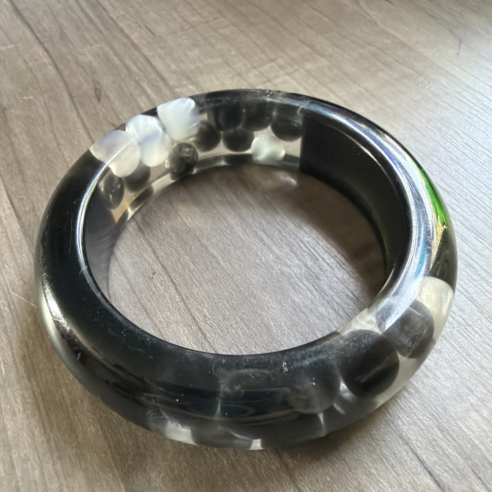 Lucite Black Clear Chunky Bangle Injected White Gray Polka Dot Boba Bubble