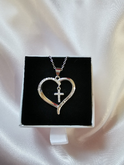 Holy Communion Diamante Heart & Cross Necklace, SALE