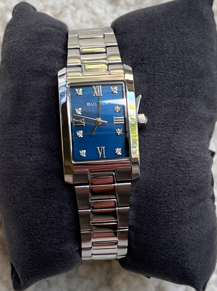 Bulova Classic Blue Abalone Diamond Ladies Tank Watch 96P262 Stainless Quartz