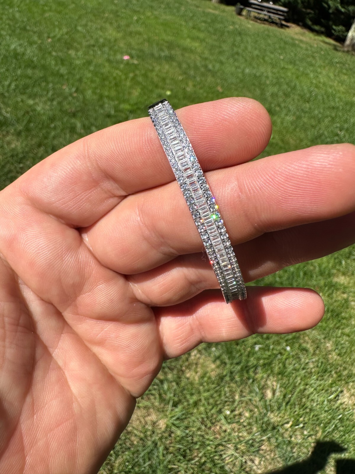 Gorgeous Solid 925 Sterling Silver Bangle Bracelet Iced Simulated Diamonds