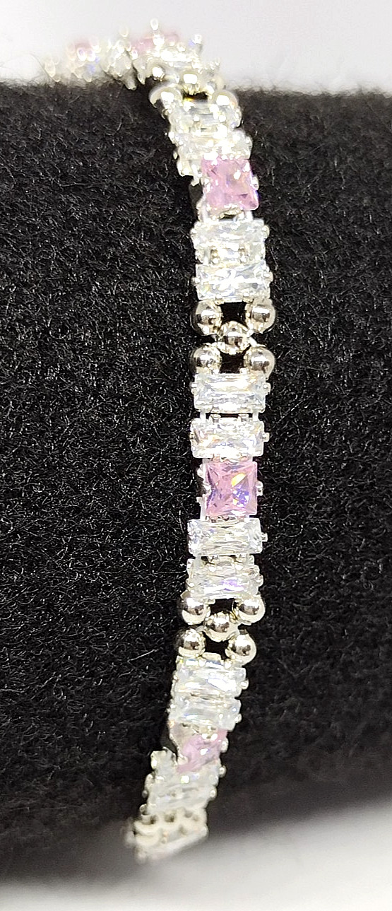 7-inch Bracelet Rectangle Stack – 2x4mm White, 3mm PINK Square Prong-Sets