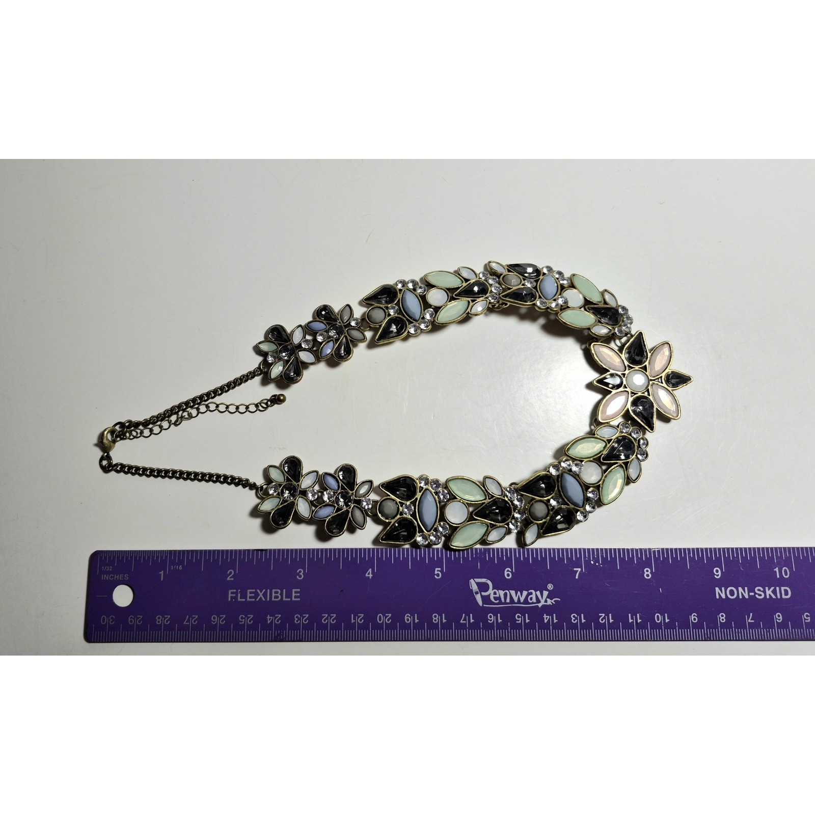 Floral Statement Bib Necklace Antique Brass Tone Pastel Stones Rhinestone Collar