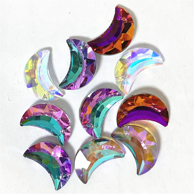 12Pcs Faceted Mixed Multicolor Crystal Moon Pendant Bead 20x10x6mm