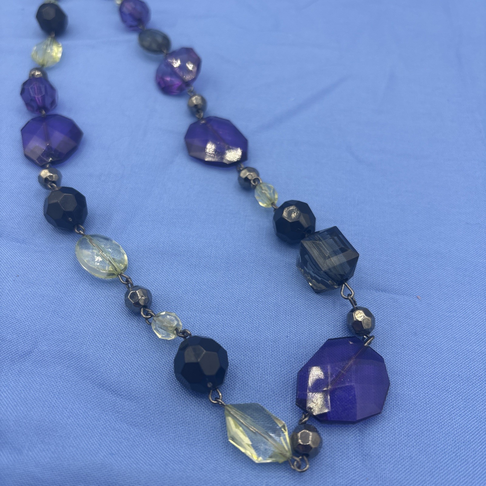 Plastic Beaded Statement Necklace Purple Gray Yellow Black Faceted Beads 24”