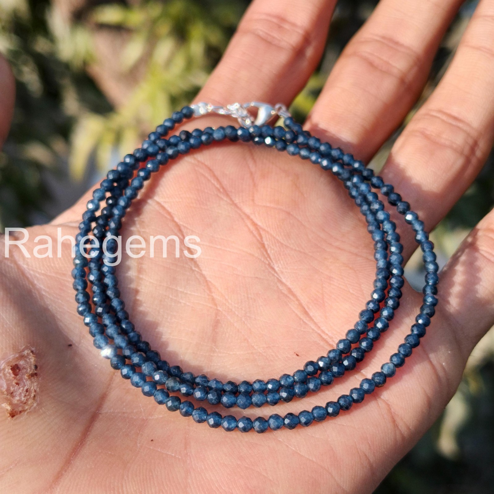 Blue Sapphire Necklace 2mm Micro Faceted Beads, Dainty Real Gemstone Choker, Min
