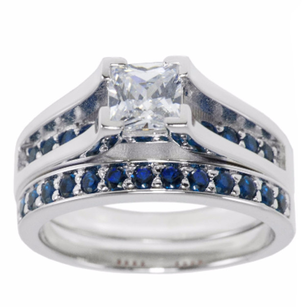 Blue Line 2 Ring Set 5mm Princess CZ Engagement Wedding 925 Silver Sz 5 6 8 9 10