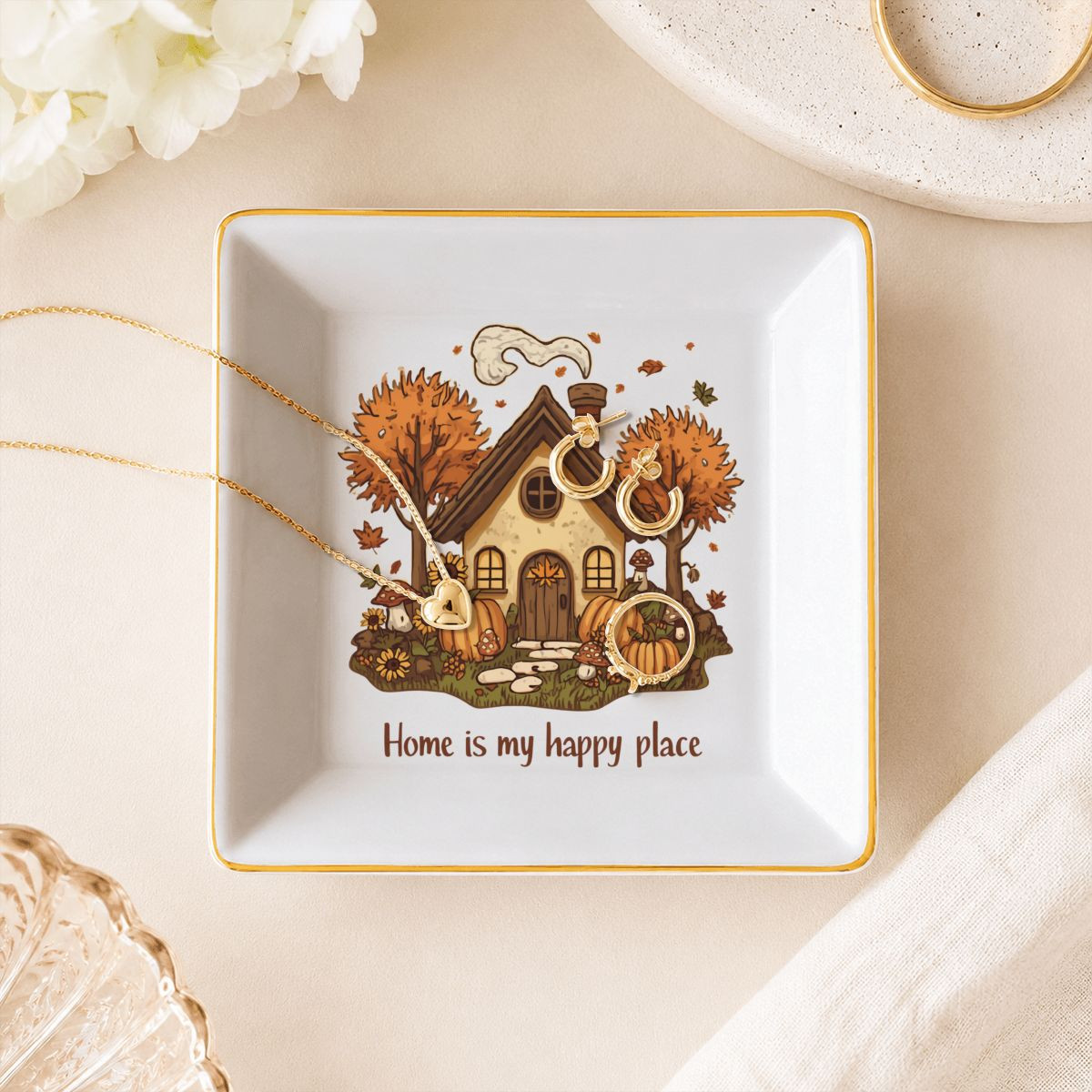 Home Is My Happy Place Hippie Flower Jewelry Dish Trinket Ring Holder Boho Decor