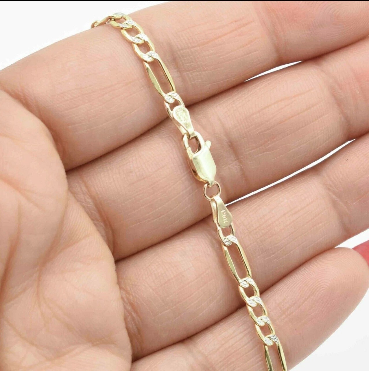 3.7mm Pave Figaro Chain Anklet with Lobster Lock Real 10K Yellow White Gold 10″