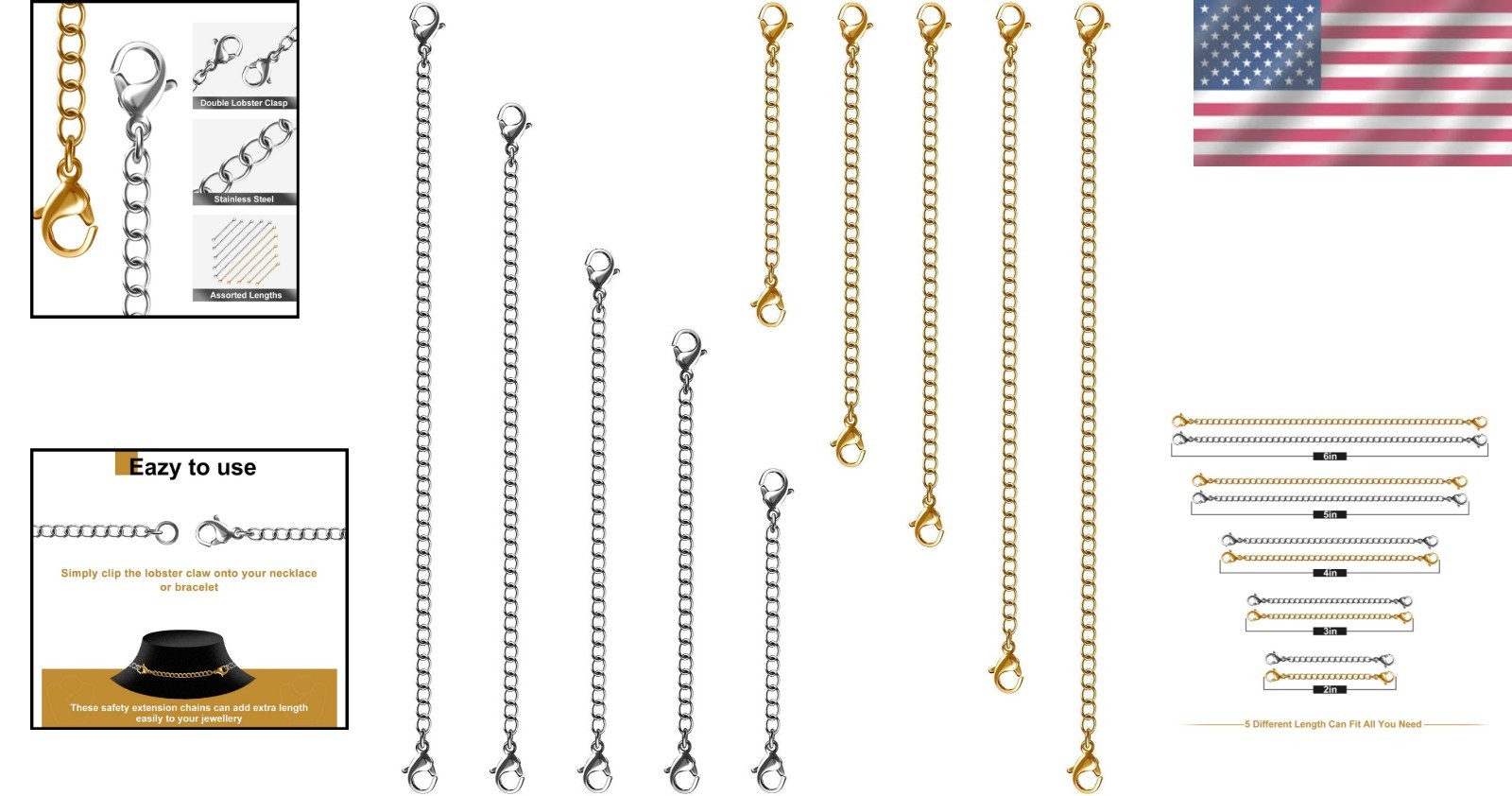 High-Quality 10-Pc Necklace Extenders – Tarnish Resistant Stainless Steel Chains