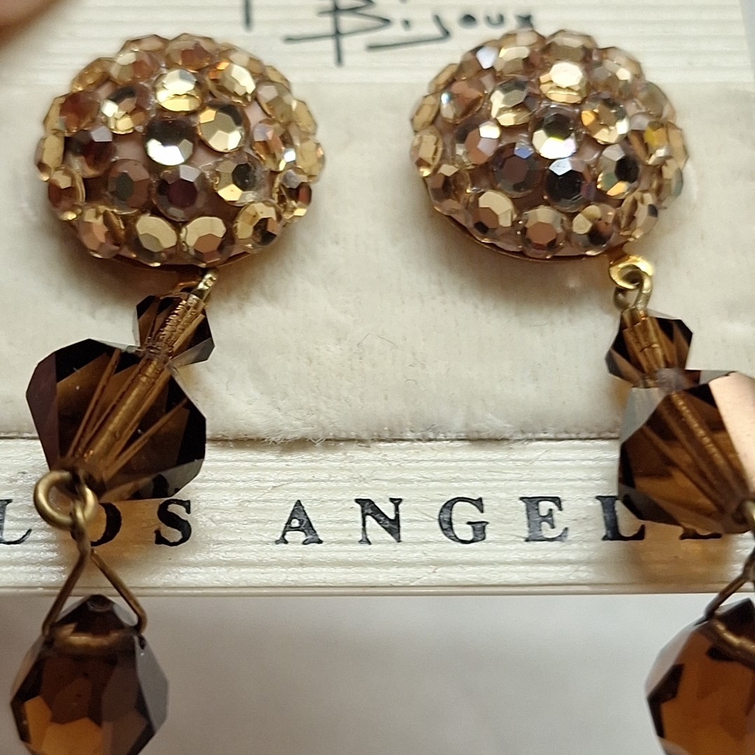 MISTER BIJOUX Round Brown Gold Tone Clip On Earrings 2″ Dangle Sparkle Rhineston