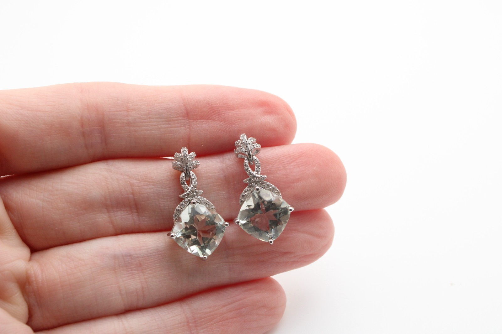 925 Sterling Silver Green Apatite Cushion Burst Clear Stone Fancy Earrings