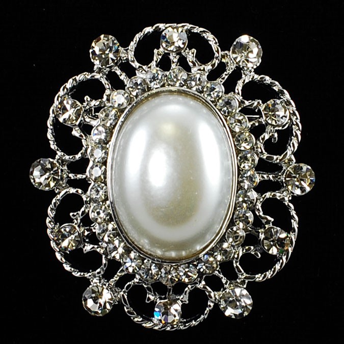 Vintage Centered Faux Pearl & Clear Rhinestone Brooch