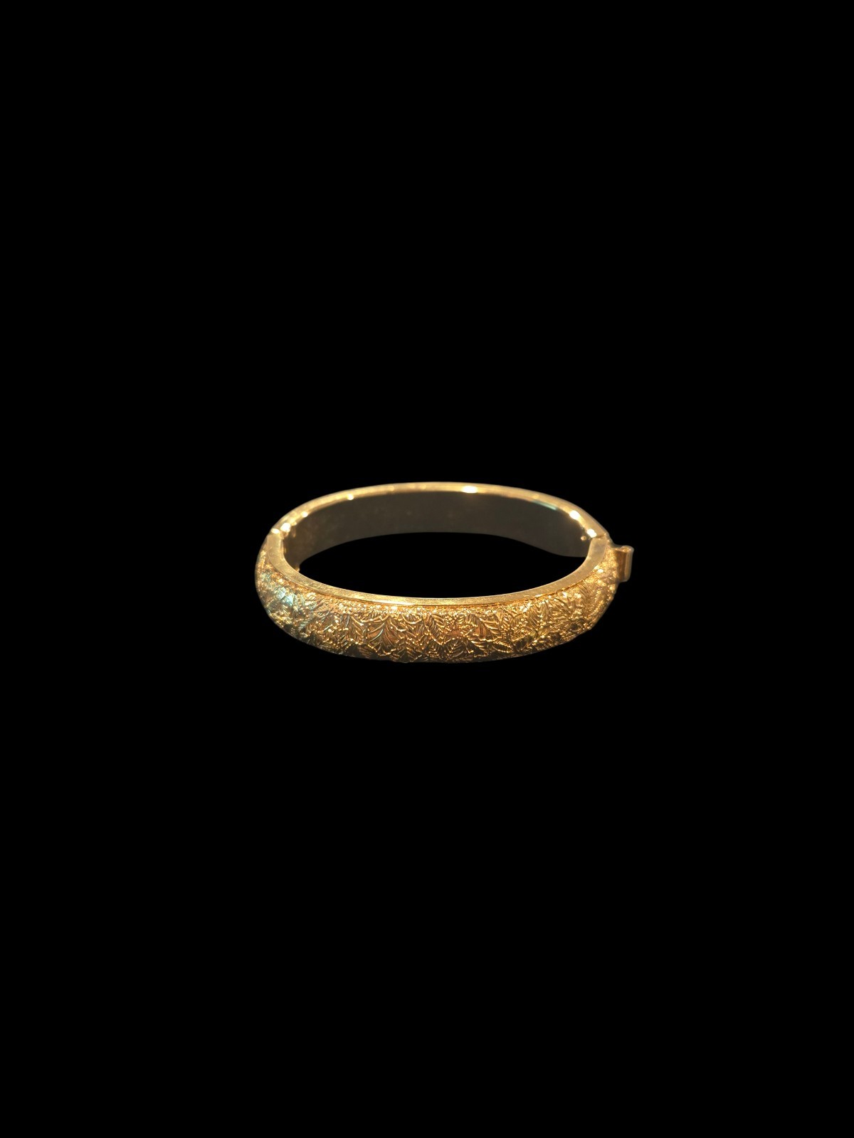 Gold Tone Textured Hinged Cuff Bangle Bracelet, Round Shape Metal, No Stone
