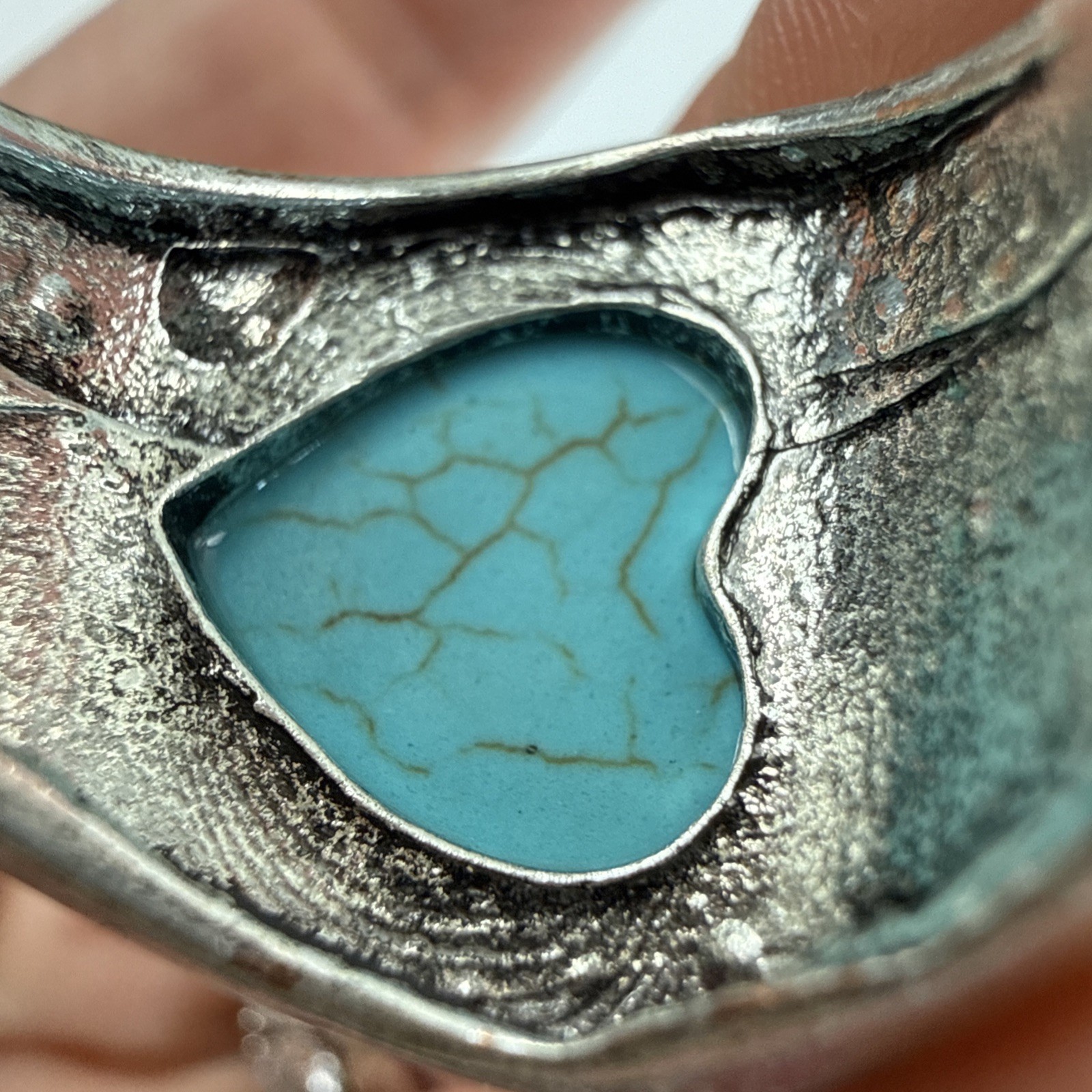 Native American Turquoise Heart Sterling Silver Ring Sz 8 Feathers Flowers 9.45g