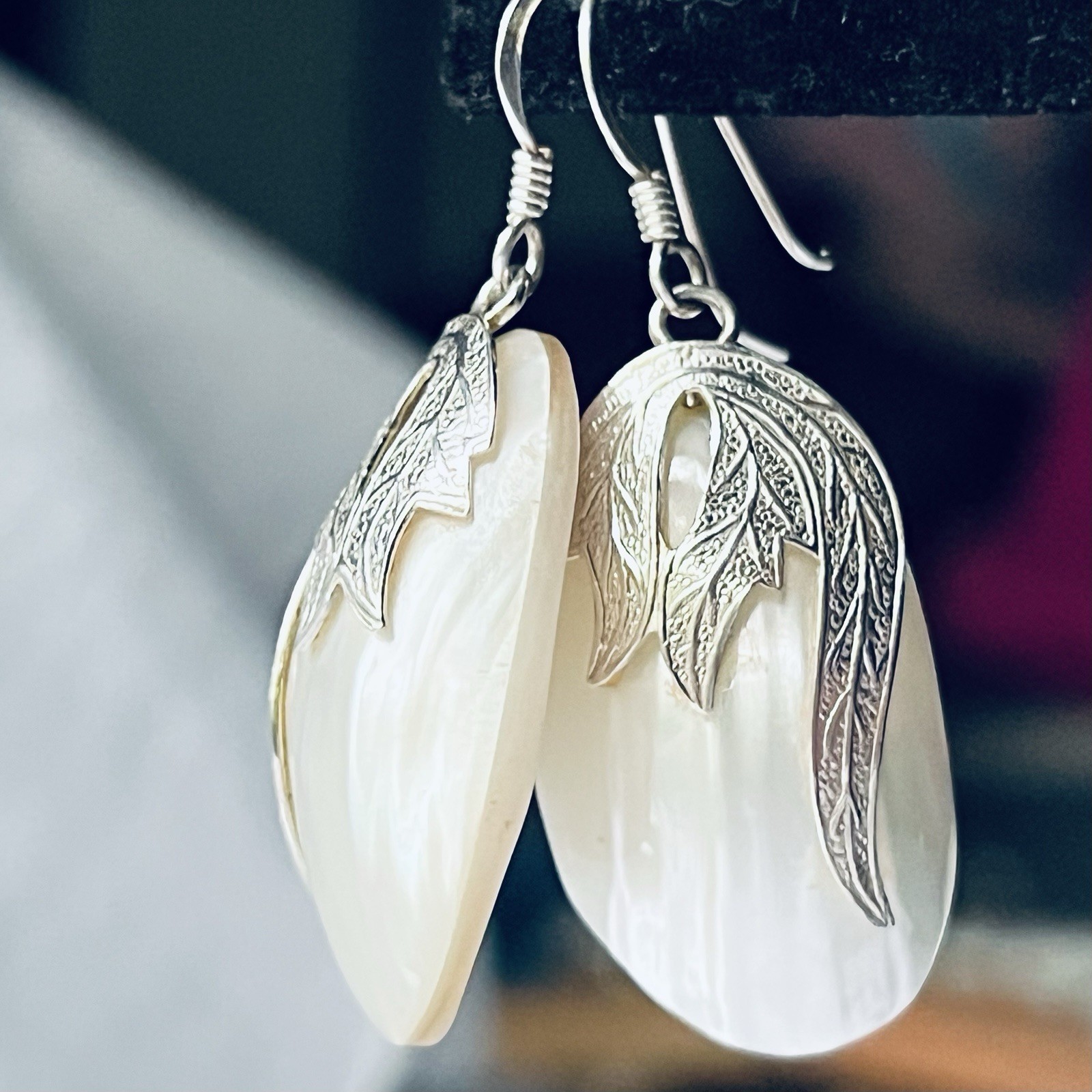 Estate Vintage Sterling Silver 925 Shell Dangle/drop Earrings