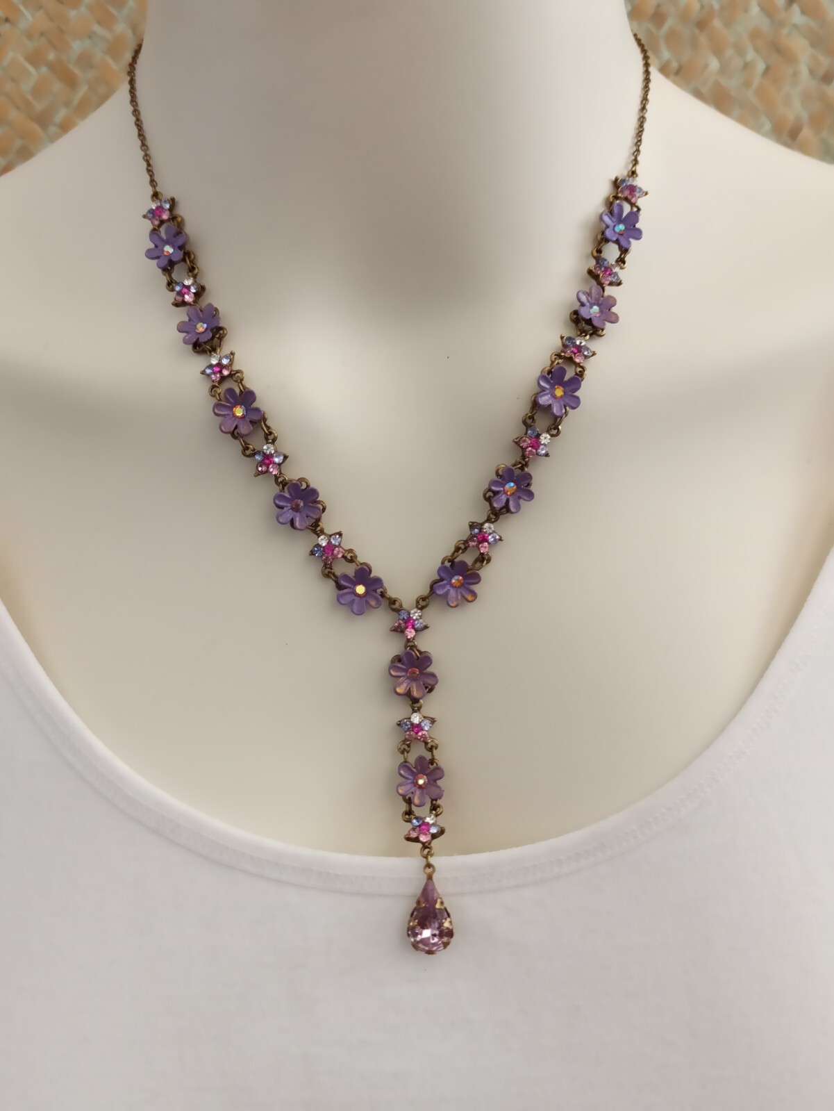 Michal Negrin Necklace Purple Flowers Pink Shades Crystals Cocktail Romantic Box