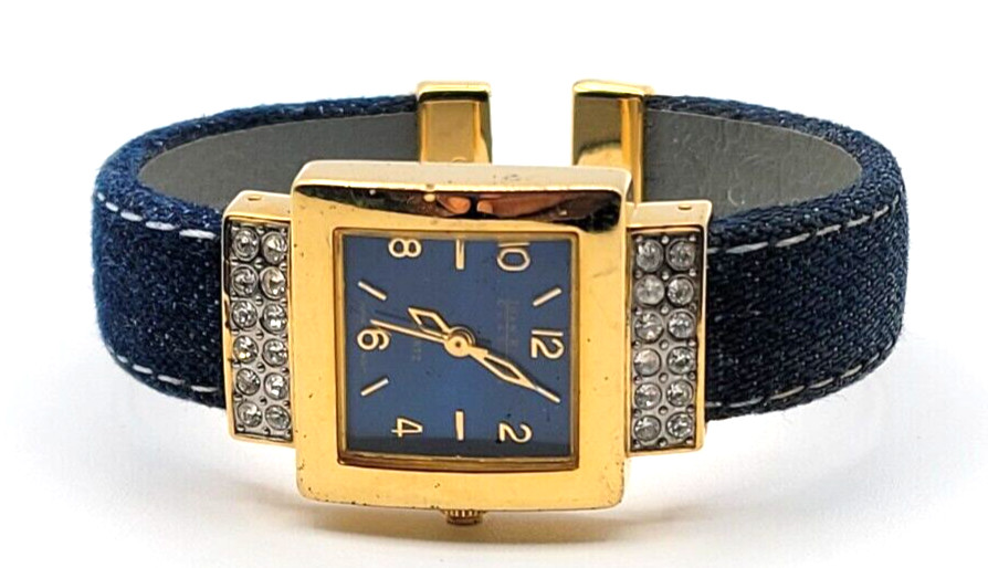 JOAN RIVERS DENIM BAND WATCH SILVER TONE CRYSTAL ACCENT WOMEN V377