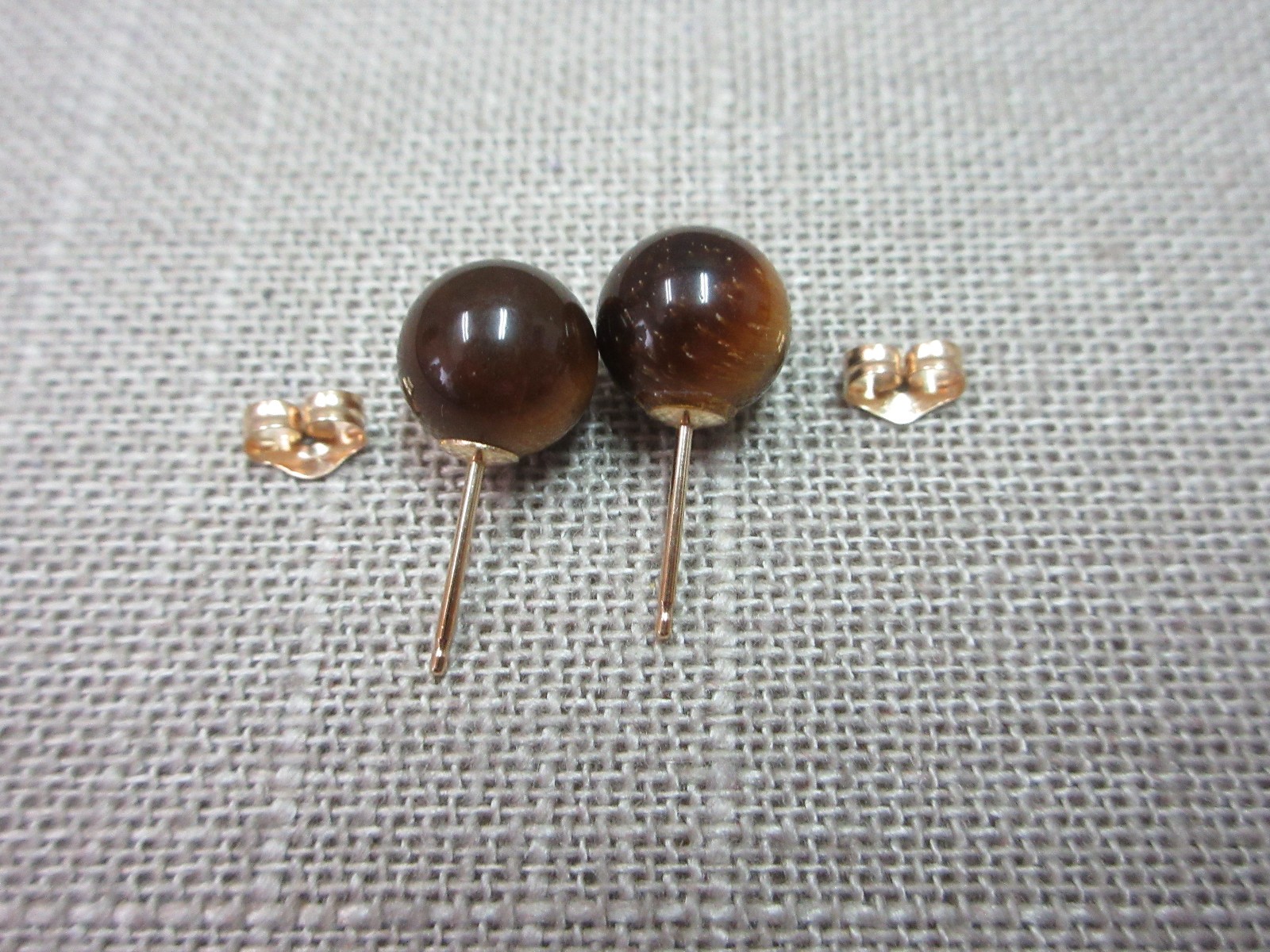 14k Solid Yellow Gold 9mm Tiger Eye Ball Stud Earrings 2.4 Grams