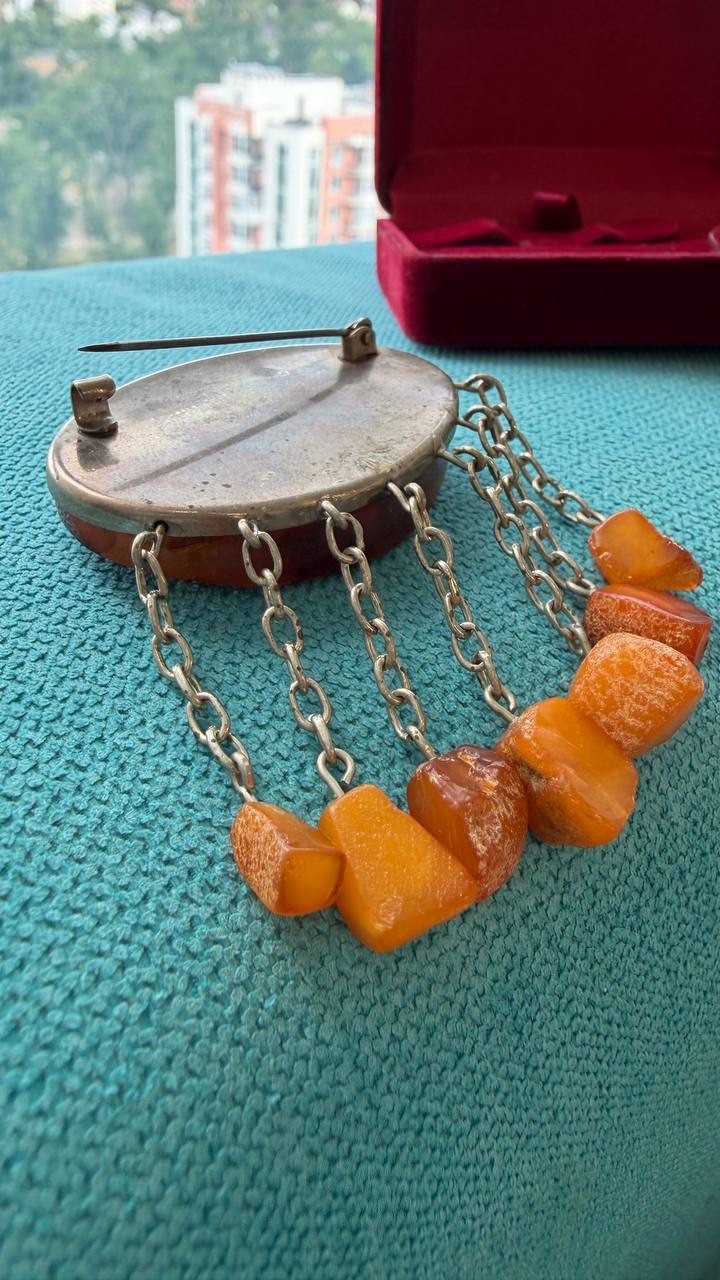 Vintage USSR Baltic Amber Mosaic Brooch Dangle Natural Amber 22g Rare