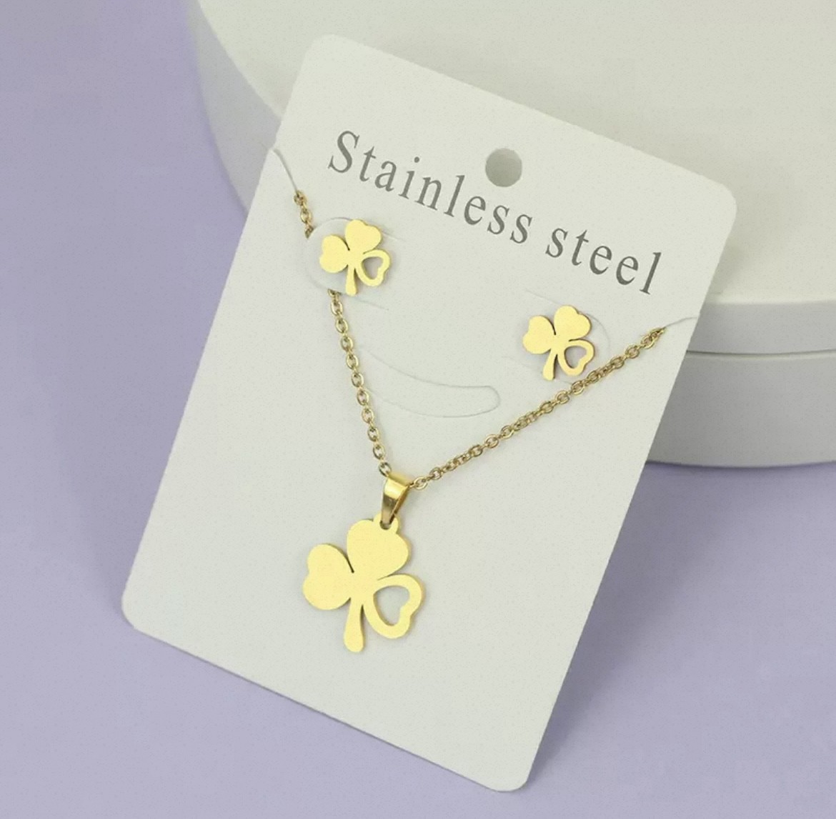 A Set Gold Pendant Necklace Earrings Stainless Steel 16 inch Chain Daily Wear