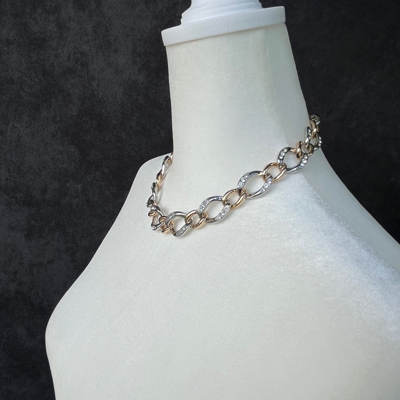 White House Black Market NEW Two Tone Crystal Pave Link Chain Necklace Glam
