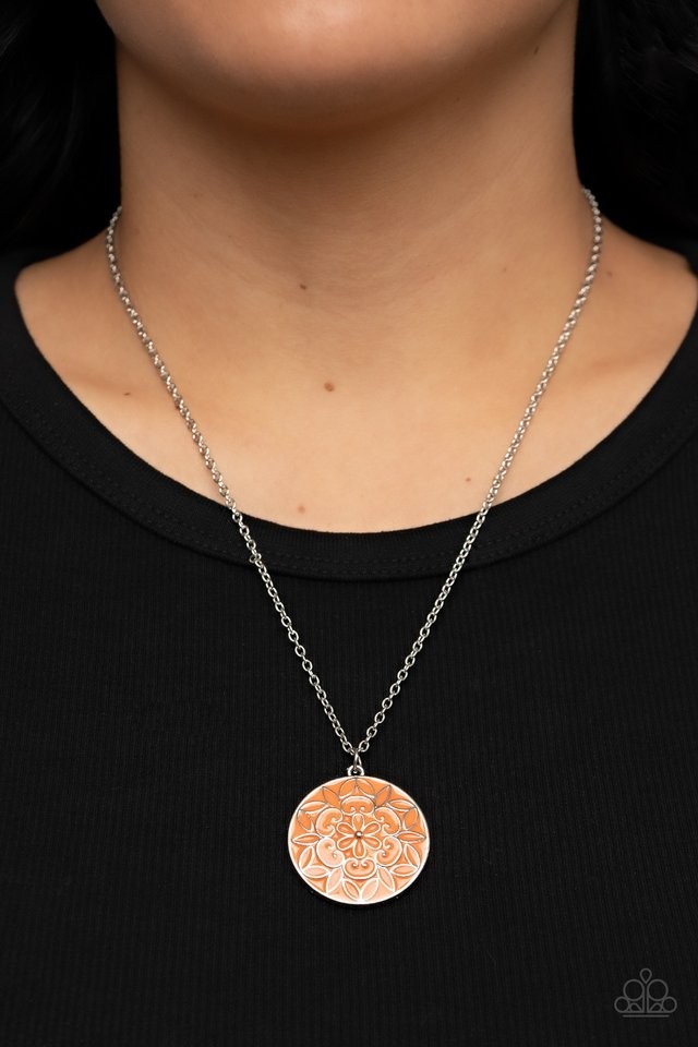 Silver-Tone Cable Chain Necklace Round Orange Floral Enamel Medallion Pendant