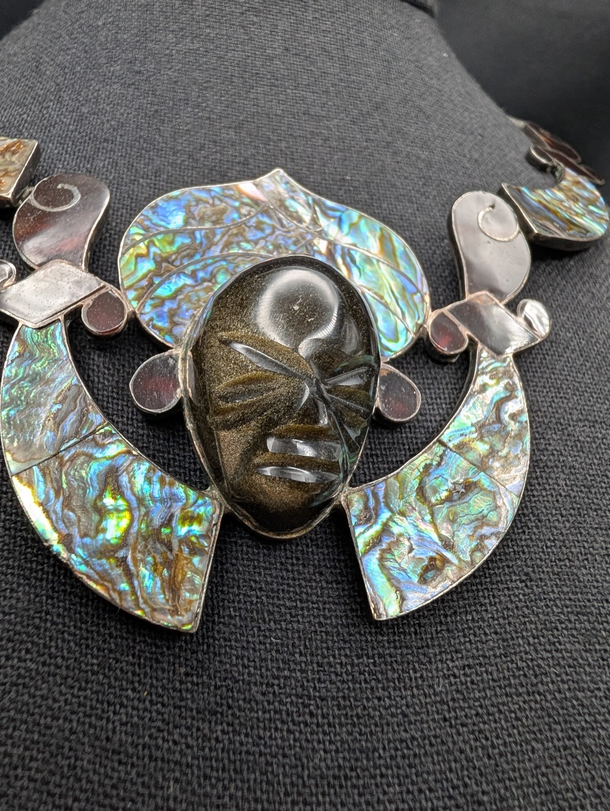 Vtg Statement Piece 925 Mexico Sheen Obsidian Tortoise & Abalone Shell