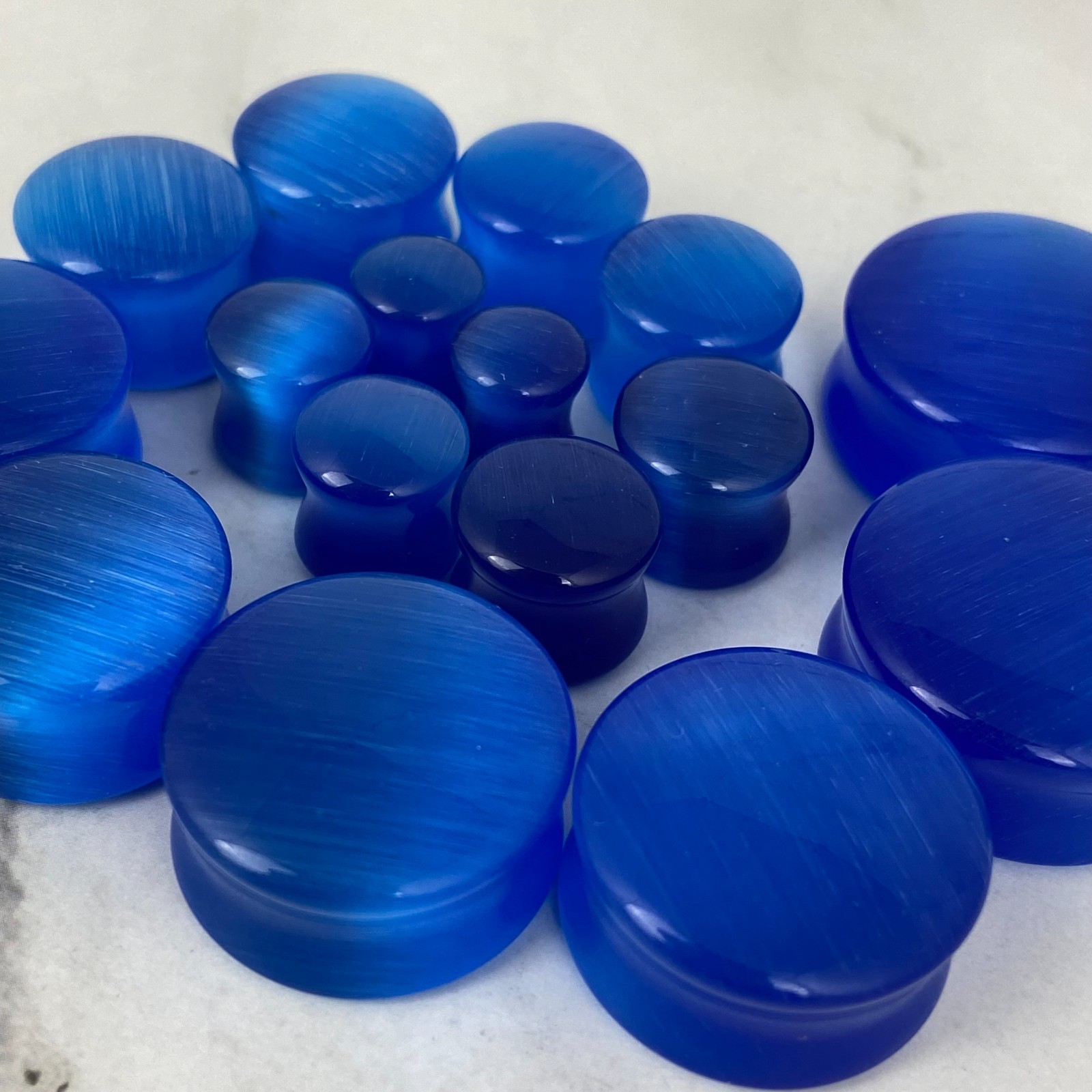 Blue Cat Eye Stone Double Flare Plugs (STN-665) set ear gauges PICK SIZE