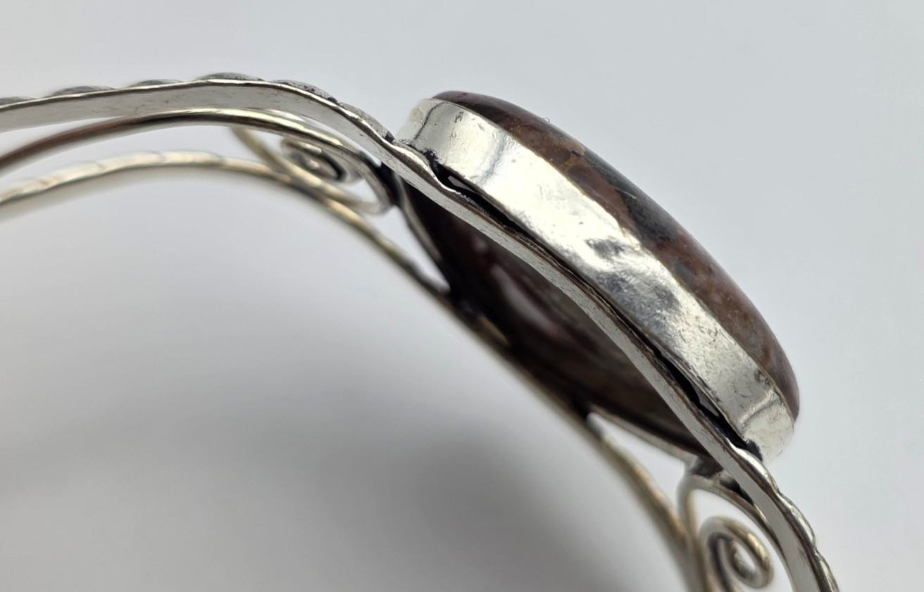 Natural Polychrome Jasper Teardrop Cuff Bracelet 8.25″ Silver Tone Boho