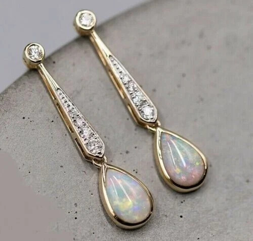 3Ct Pear Natural Fire Opal Drop & Dangle Earrings 14K Yellow Gold Silver Plated
