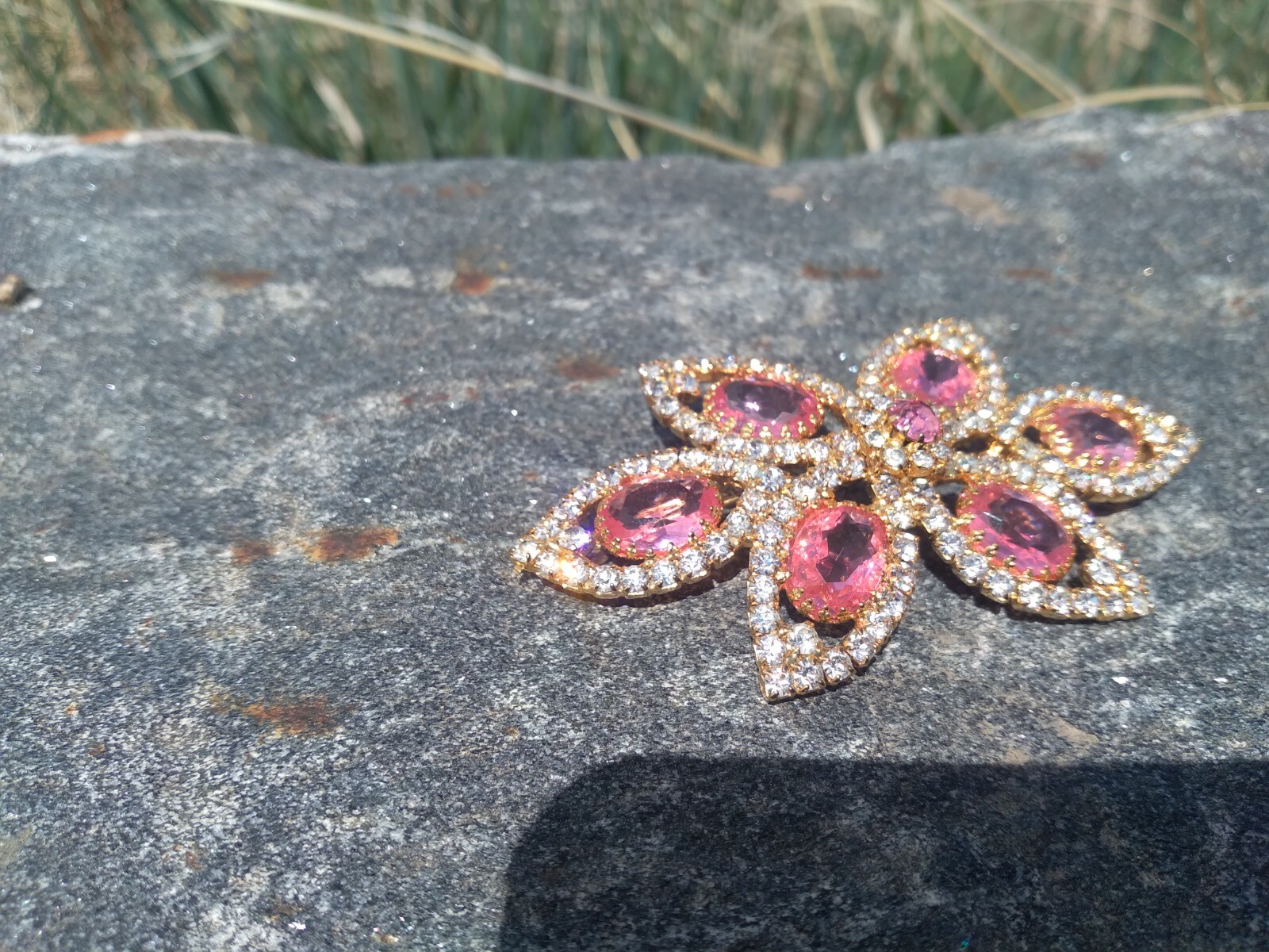 Sparkly Pink Rhinestone Brooch Gold Tone Statement 3.75 in Vintage