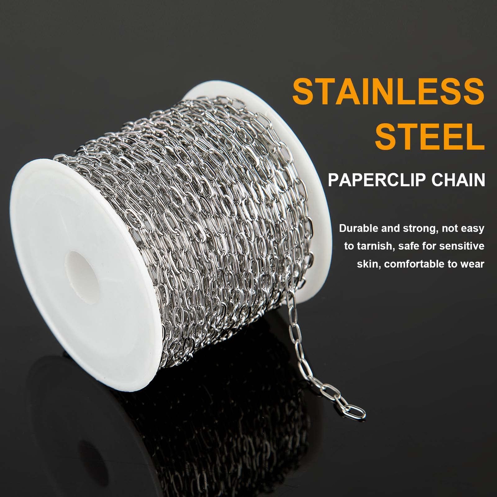 KYUNHOO 32.8 Feet 304 Stainless Steel Chain Bulk Silver Paperclip Chains for Jew
