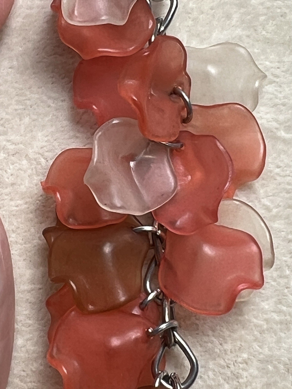 Vintage Frosted Peach Taupe Clear Acrylic Flutter Petal Dangle Necklace 30-32”