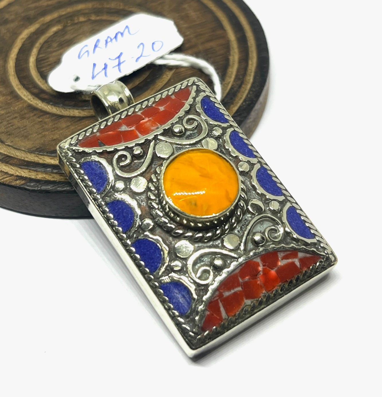 Ethnic Lapis Amber Gemstone Tibetan Traditional Pendant Jewelry, 2.0 inch