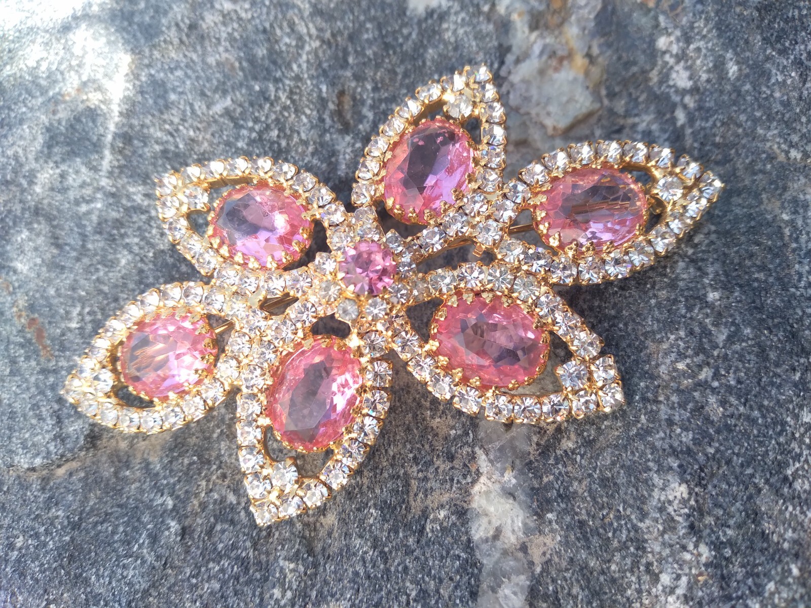 Sparkly Pink Rhinestone Brooch Gold Tone Statement 3.75 in Vintage