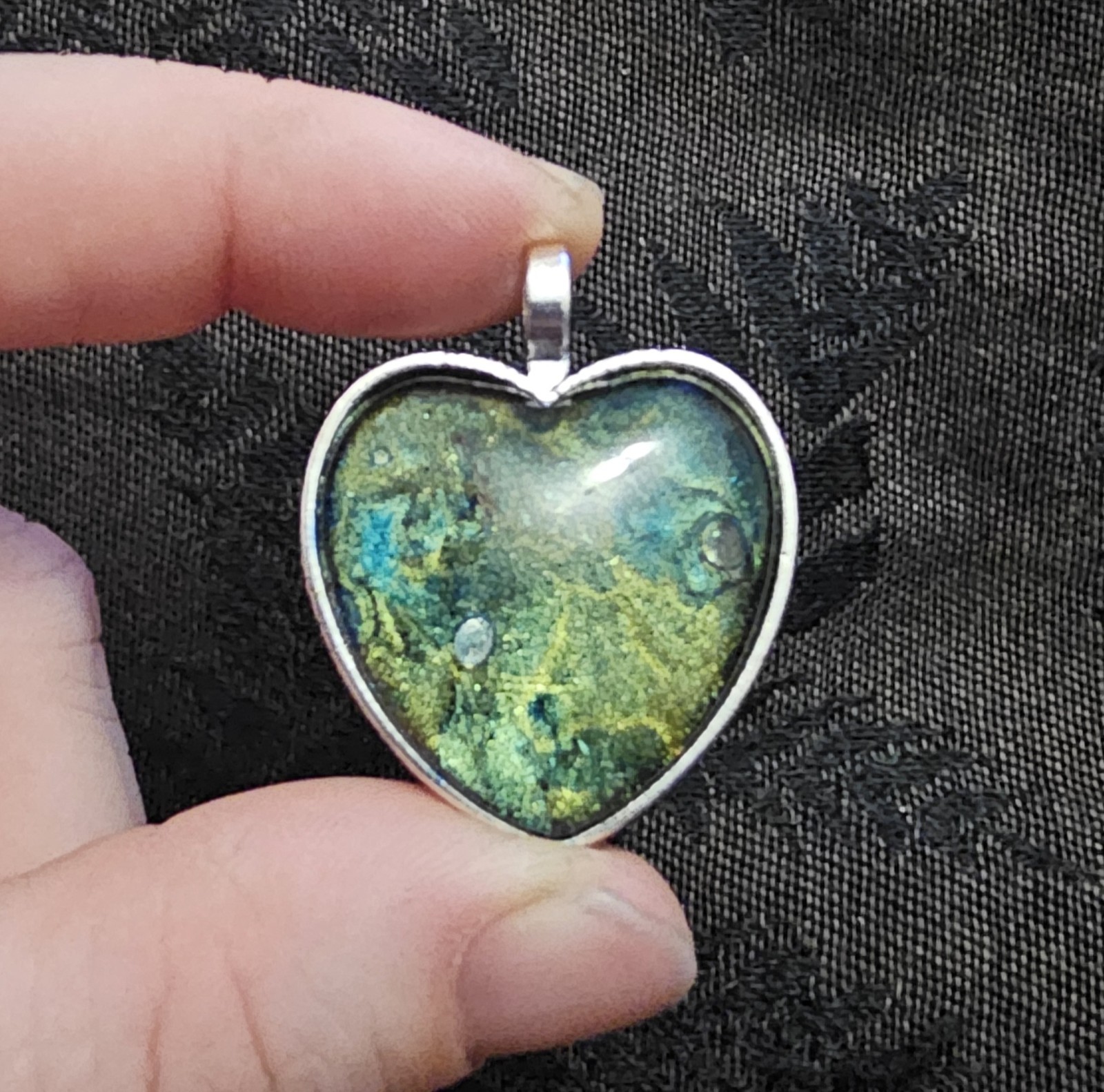 Ocean Galaxy Heart Resin Pendant Teal Gold Green Shimmer Handmade Fairycore