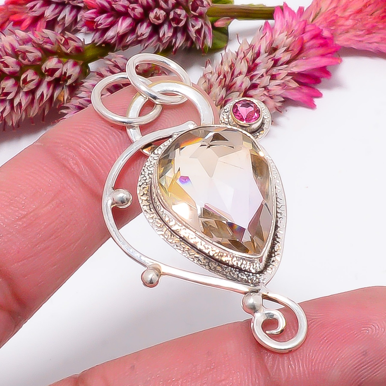 Morganite & Pink Rubellite Tourmaline 925 Sterling Silver Pendant 2.03″ sku62