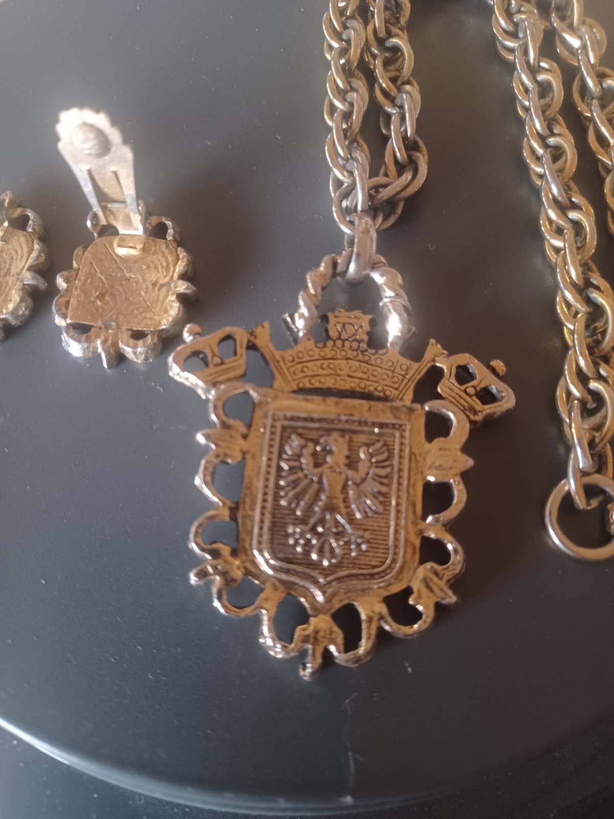 Vintage Fleur-De-Lis Necklace Earrings Medallion Coat of Arms Eagle Crown