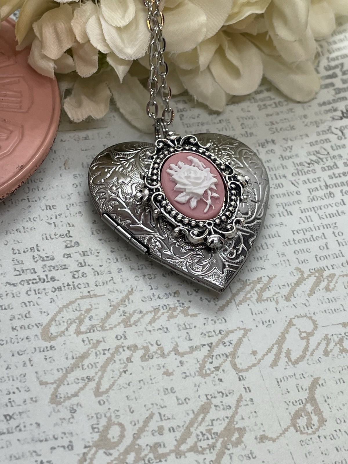 Heart Silver Pink & White Lace Locket Rose Necklace Photo Bride bridal wedding