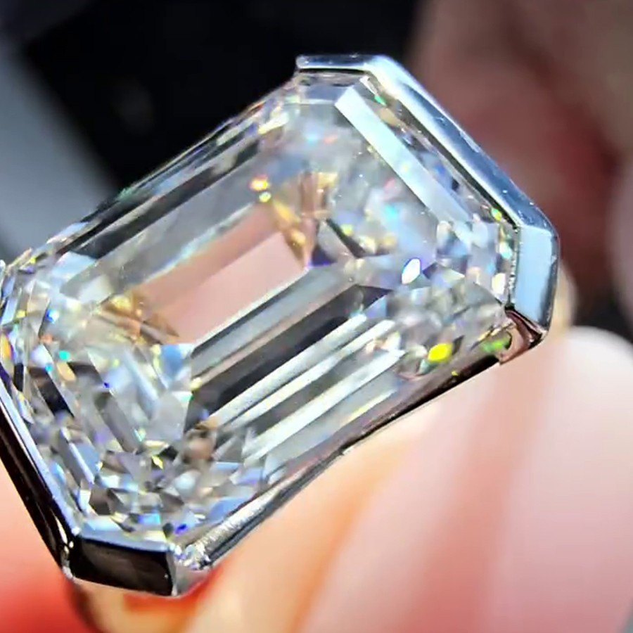 3.0 CT Emerald Cut Moissanite Half Bezel Engagement Ring 14K Yellow Gold Plated