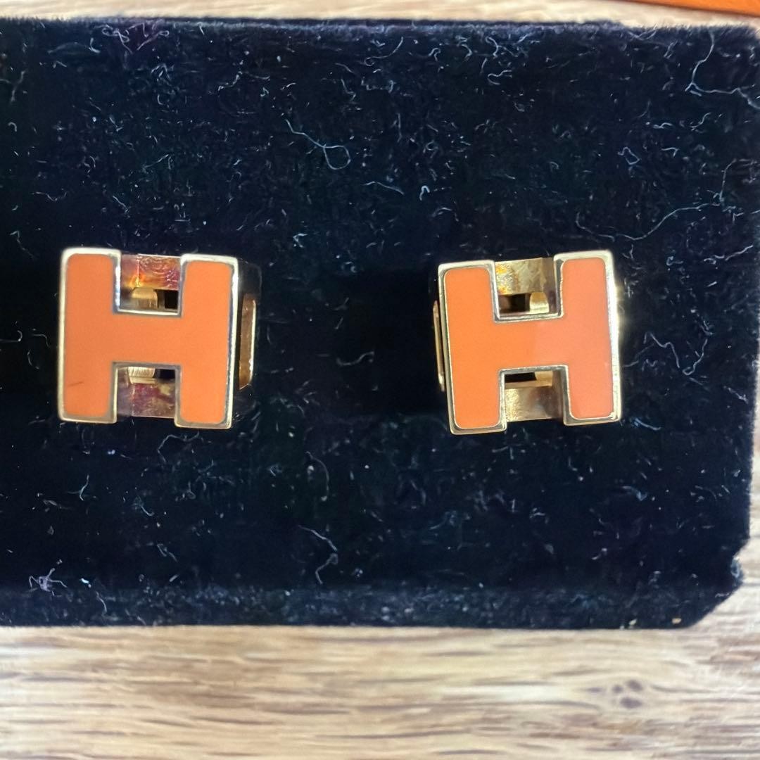HERMES Orange H Logo Earrings